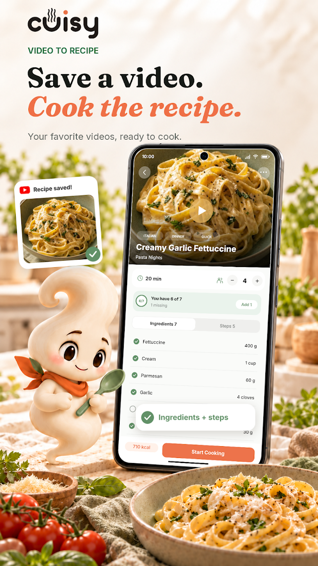Cuisy shows a saved creamy pasta recipe, its ingredients, and a Start Cooking button.